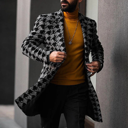 Men’s Printed Wool Blend Overcoat – Mid-Length Double-Breasted Winter Jacket