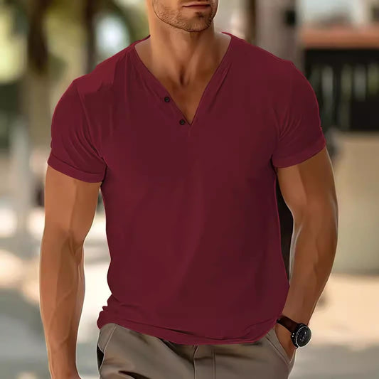 Men's Solid V-Neck Breathable Sporty Lightweight Regular Short-Sleeve Tee