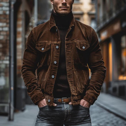 New Men's Corduroy Long-Sleeve Striped Lapel Jacket with Pockets