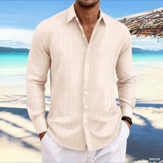 Best-Seller AliExpress New Men's Linen Stripe Jacquard Casual Loose Long Sleeve Shirt