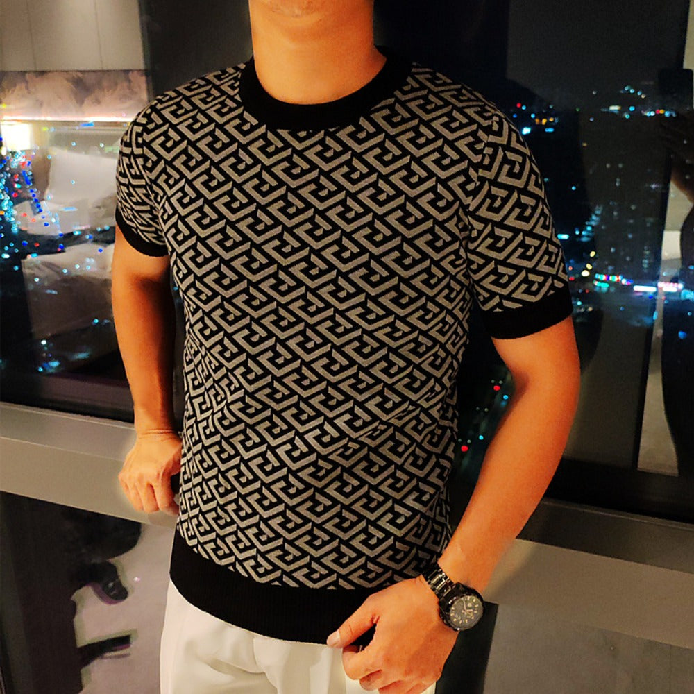 Short-Sleeve Jacquard Round Neck Slim Fit Knit Sweater – Minimalist Casual Style