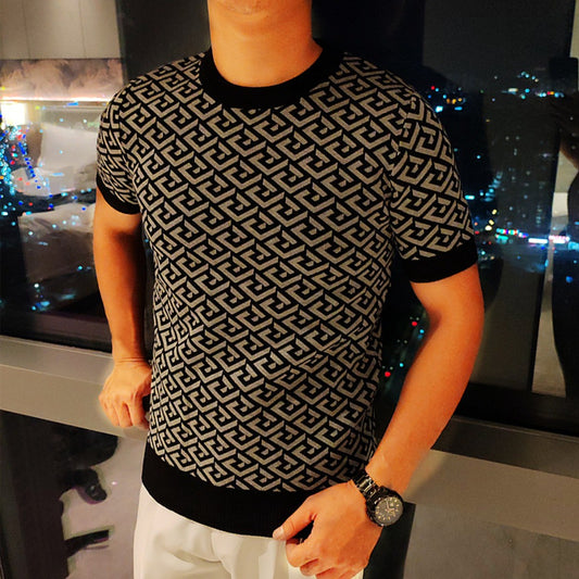 Short-Sleeve Jacquard Round Neck Slim Fit Knit Sweater – Minimalist Casual Style