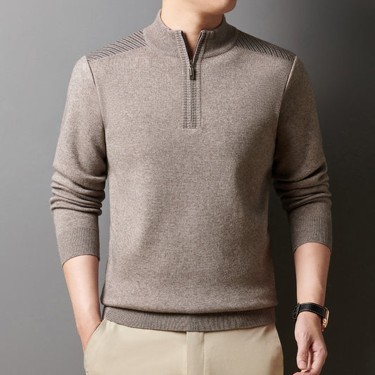 Stand-Up Collar Zipper Knit Sweater for Men – Casual Solid Color Pullover