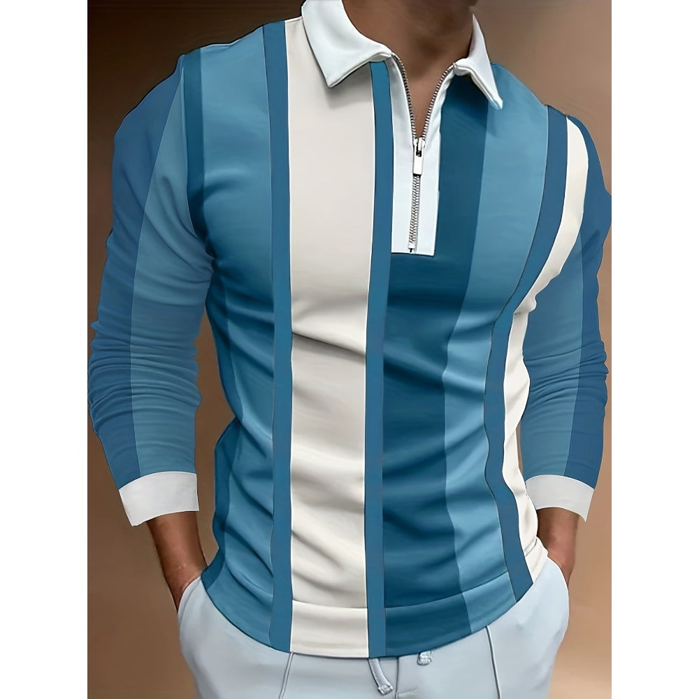 Autumn New 3D Print Long Sleeve Zipper Polo Shirt Men's Business Casual