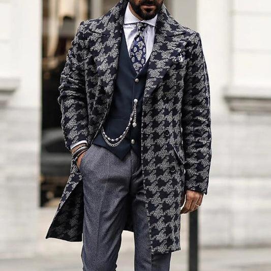 Men’s Printed Wool Blend Overcoat – Mid-Length Double-Breasted Winter Jacket