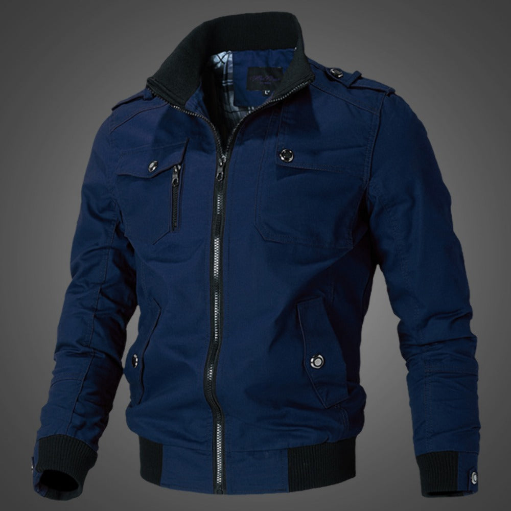 Stand Collar Washed Cotton Military Jacket with Epaulets