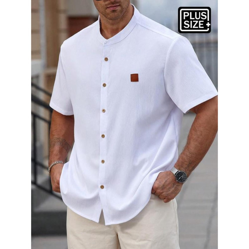 Plus Size Men's Casual Henry Shirt with Stand Collar Short Sleeve