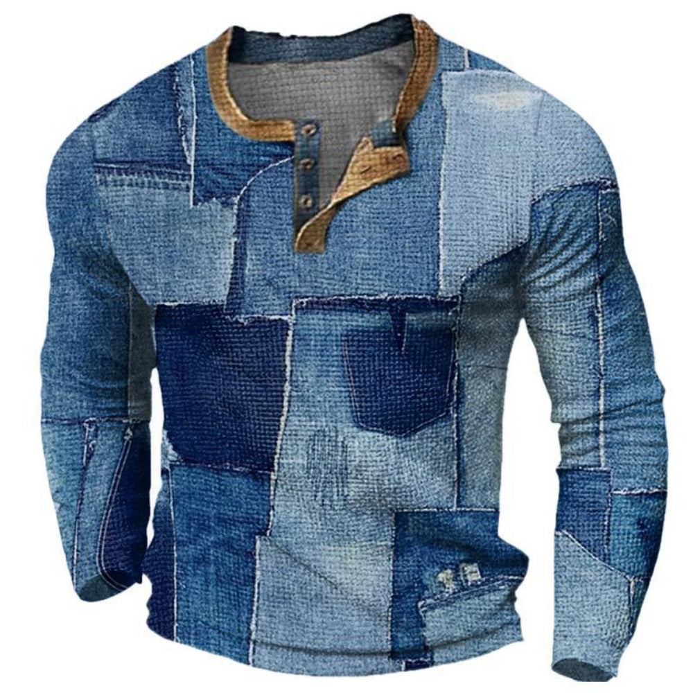 Men's 3D Head Print Henley Neck Long Sleeve Sweatshirt