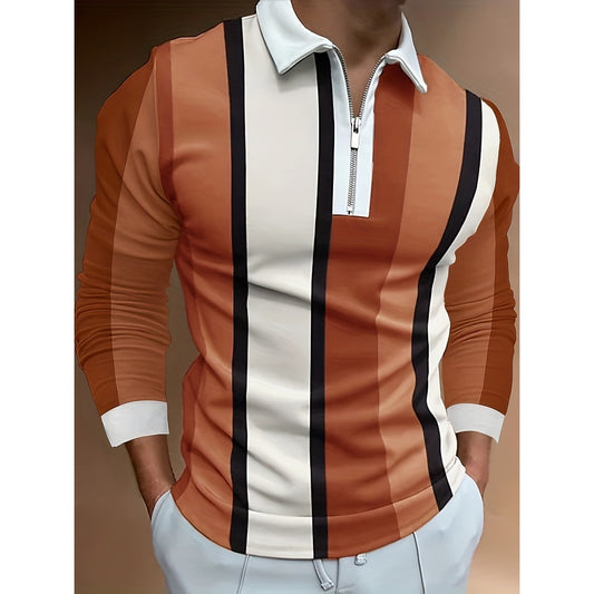 Autumn New 3D Print Long Sleeve Zipper Polo Shirt Men's Business Casual