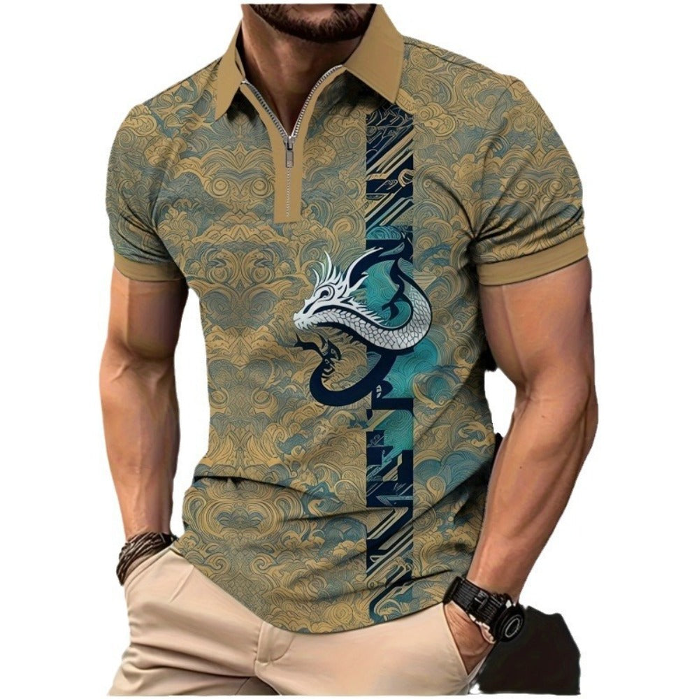 Men's Summer Hot Seller Dragon Pattern 3D Print Gradient Casual Business Zipper Short Sleeve Golf Polo Shirt