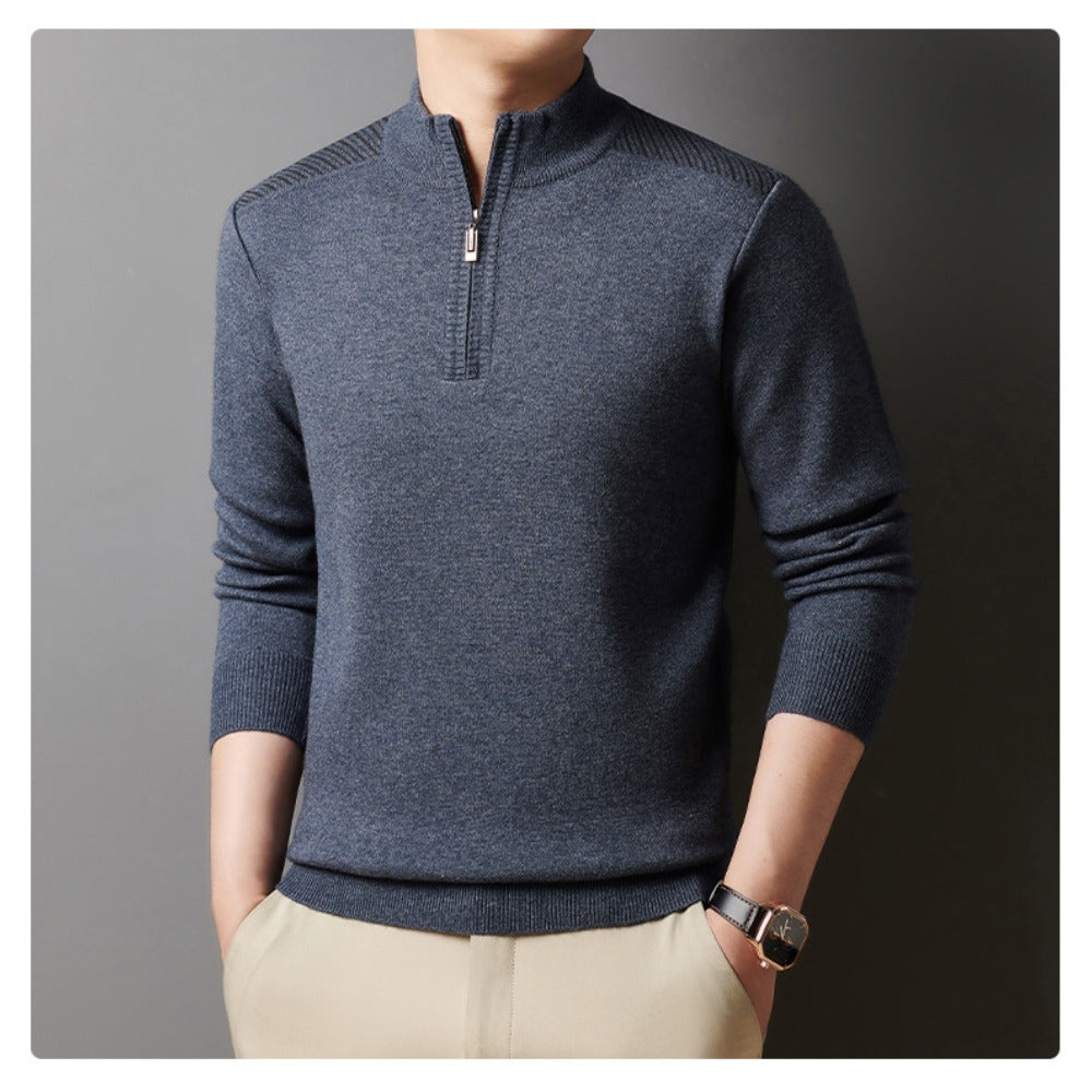 Stand-Up Collar Zipper Knit Sweater for Men – Casual Solid Color Pullover