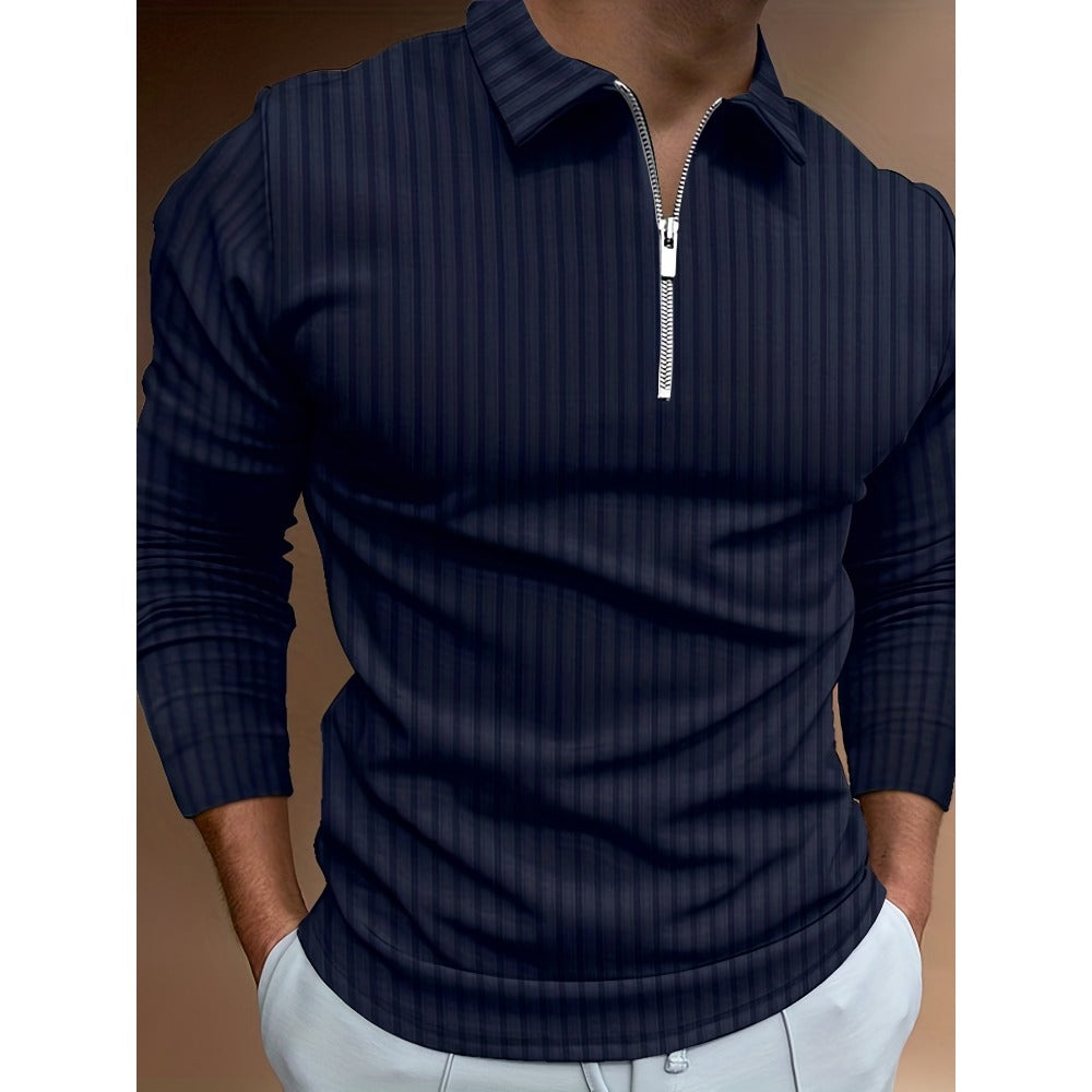 Autumn New 3D Print Stripe Men's Casual Long Sleeve Zipper Polo Shirt