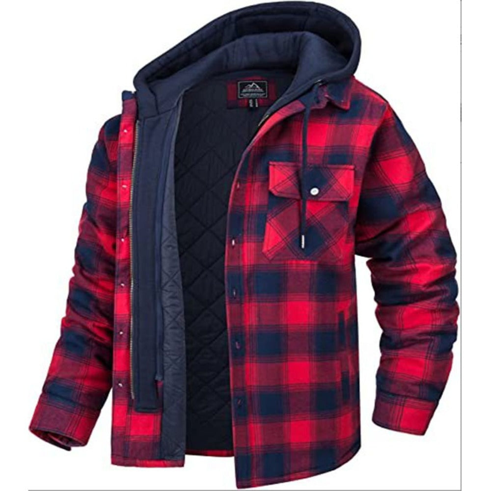 Men's Thick Plaid Long-Sleeve Hooded Padded Jacket