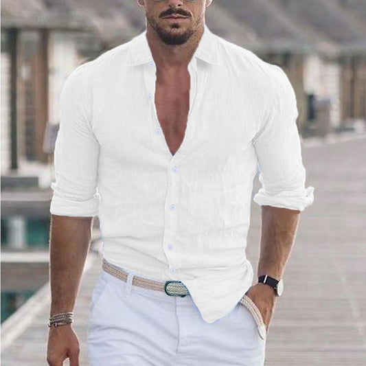 New Men's Summer Linen Flip Collar Beach Shirt Long Sleeve Solid Color Hawaiian Holiday Outfit