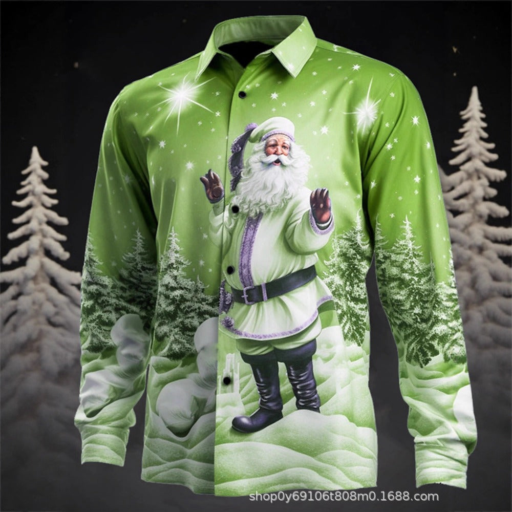 New Plus Size Men's 3D Christmas Print Slim Fit Men's Christmas Print Long Sleeve Shirt Fashion