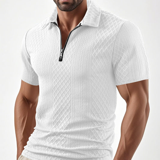 Men's Wear New Casual Polo Zipper Turn-Down Collar Shirt Solid Color Short Sleeve Business Slim Fit
