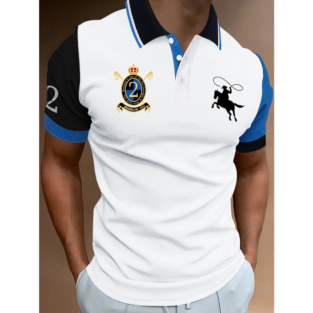 Polo Shirt Color-Block Print Men's Wear Short Sleeve Casual Fitted Turn-Down Collar Shirt