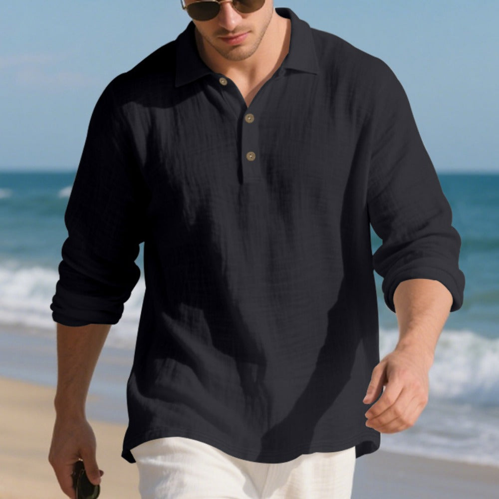 Autumn American Style Loose Linen Flip Collar Button Casual Business Men's Long Sleeve Shirt