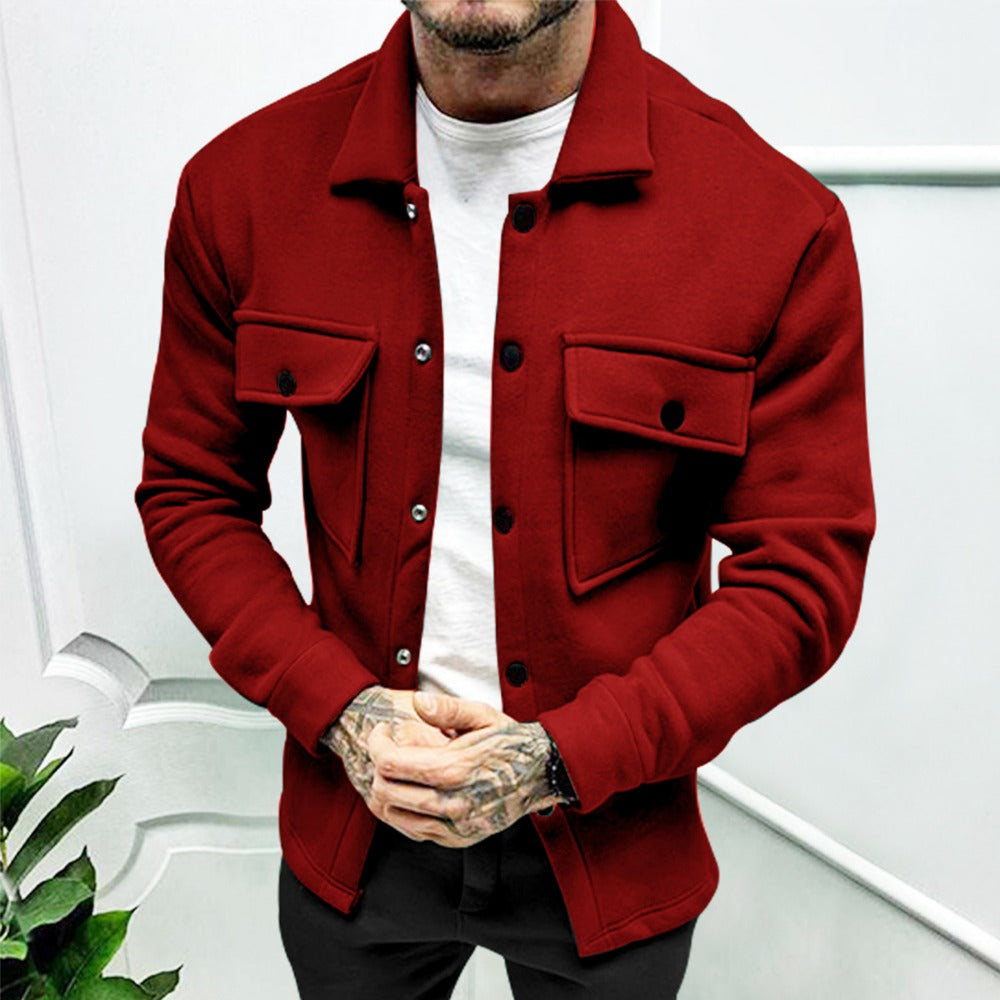 Men’s Fashion Casual Button Pocket Fleece Jacket Long Sleeve Solid Color Outerwear