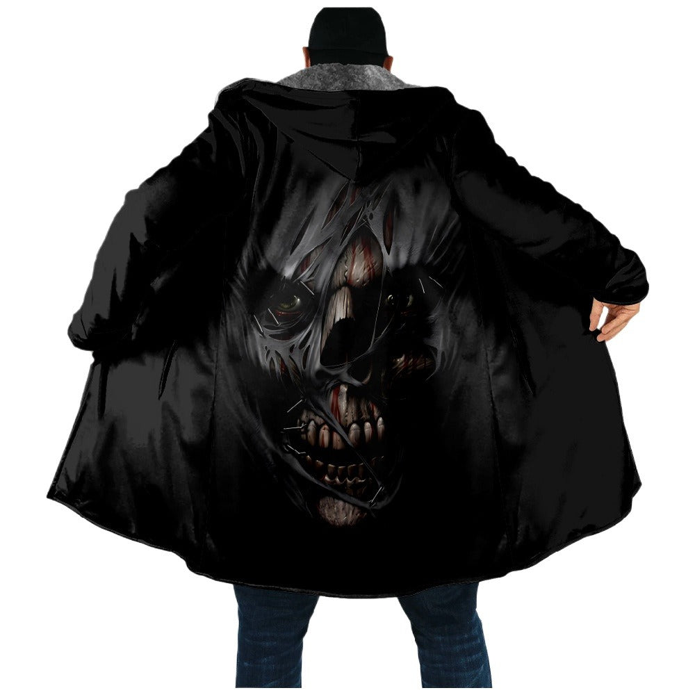 Skull Hooded Cape Button-Up 3D Print Fleece-Lined Trench Coat