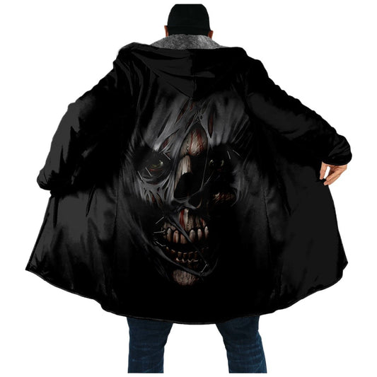 Skull Hooded Cape Button-Up 3D Print Fleece-Lined Trench Coat