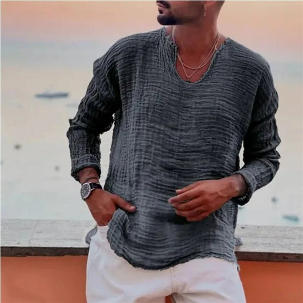 Youth Washed Distressed V-Neck Linen Long-Sleeve Shirt with Frayed Hem