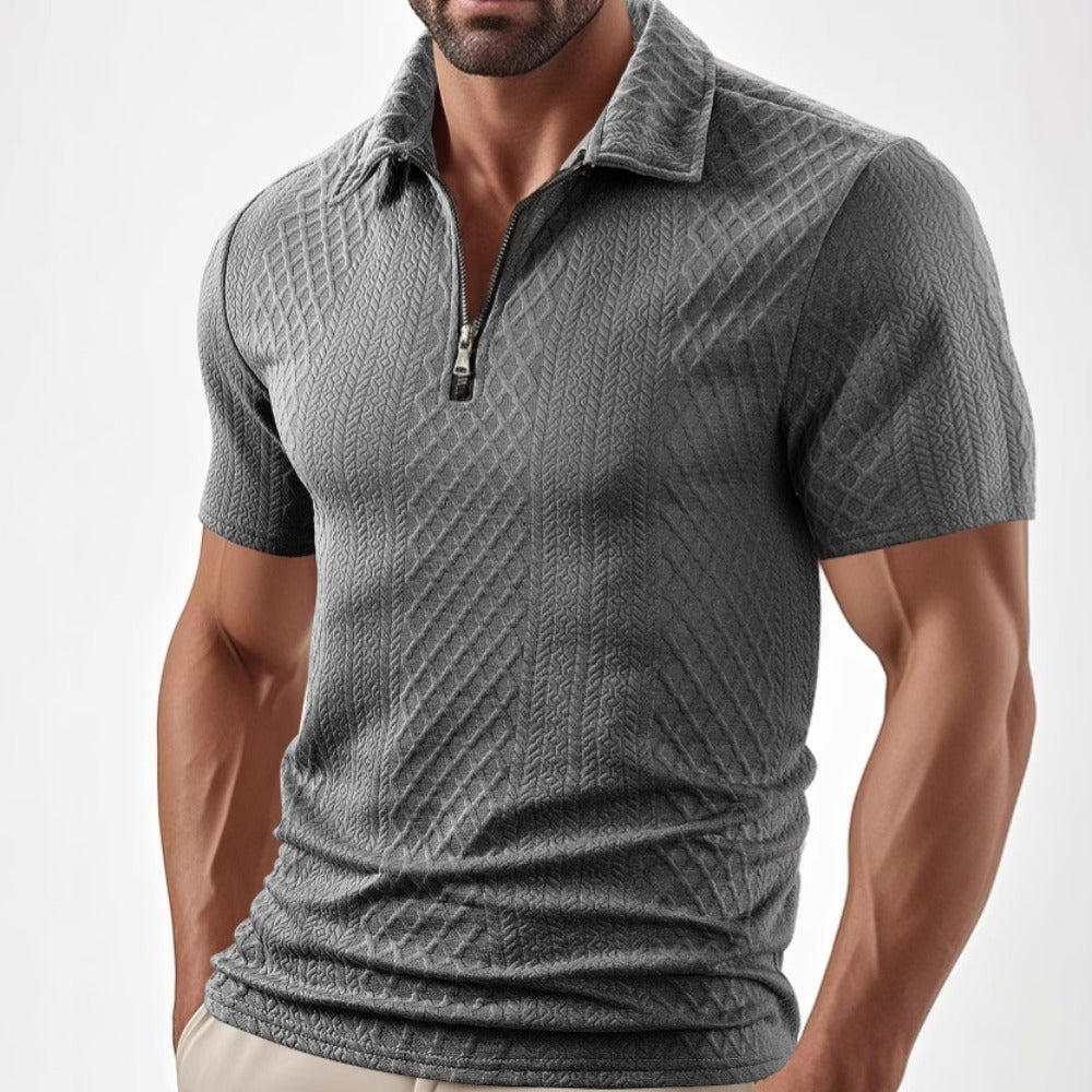 Men's Wear New Casual Polo Zipper Turn-Down Collar Shirt Solid Color Short Sleeve Business Slim Fit