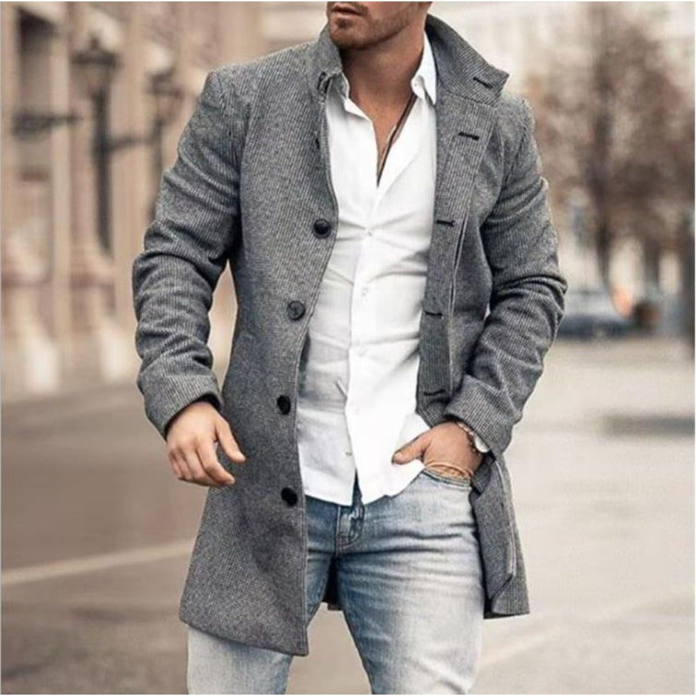 New Men's Wool Blend Printed Long Lapel Jacket