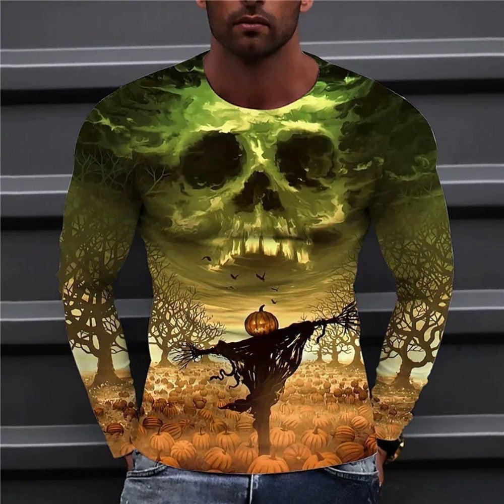 Men's Skeleton Print Round-Neck Long-Sleeve Streetwear Casual Tee