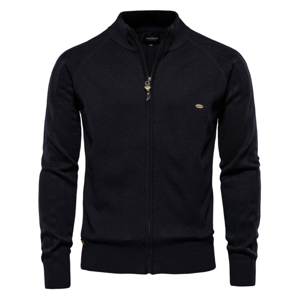 2025 Fall & Spring Men’s Cardigan Sweater - Solid Color Ribbed Collar Knit Pullover, Casual High Neck
