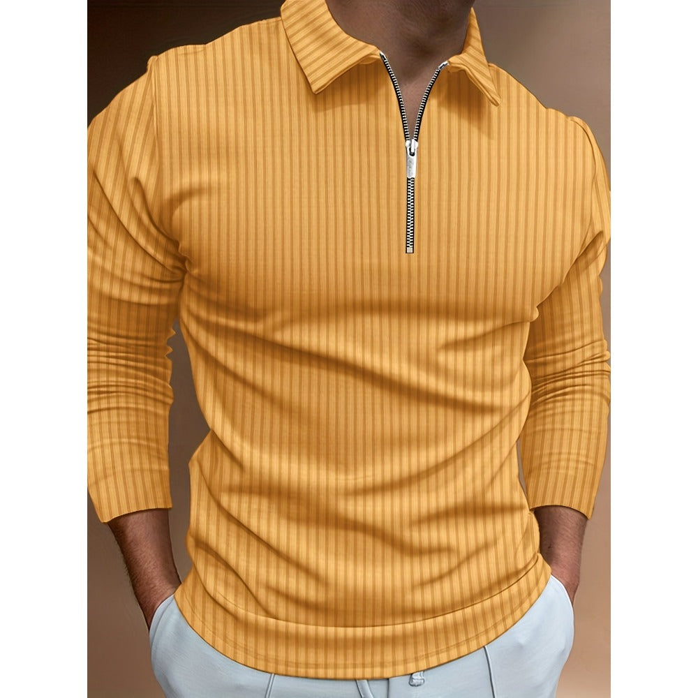 Autumn New 3D Print Stripe Men's Casual Long Sleeve Zipper Polo Shirt