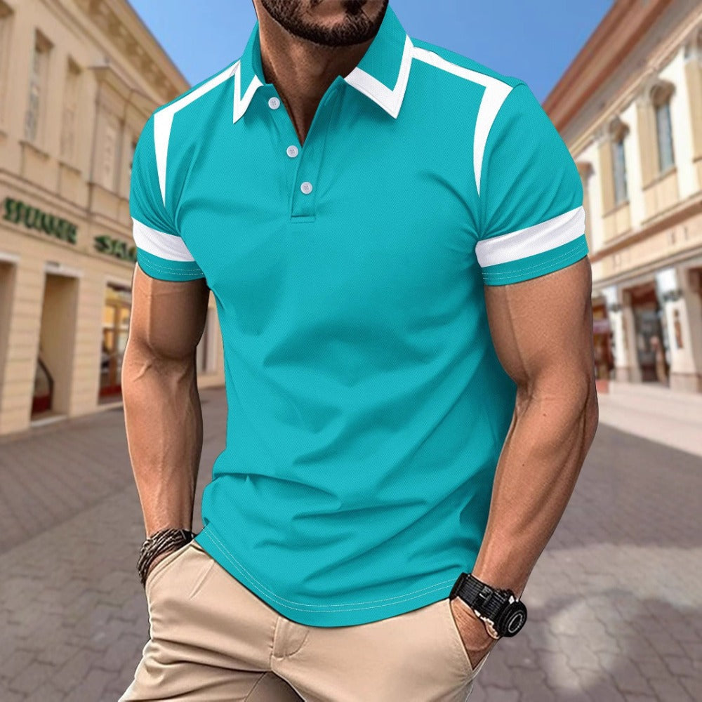 Summer Men's Casual Turn-Down Collar Short Sleeve Polo Shirt Color-Block Outdoor Sport Polo Shirt