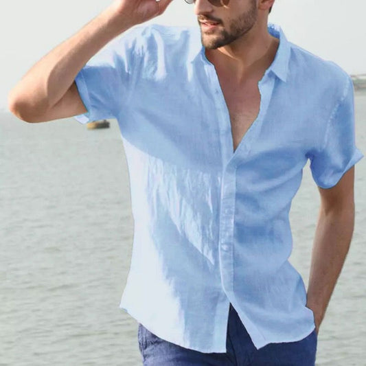 Summer Solid Color Linen Shirt Men's Thin New Short Sleeve Linen Shirt Trendy Beachwear
