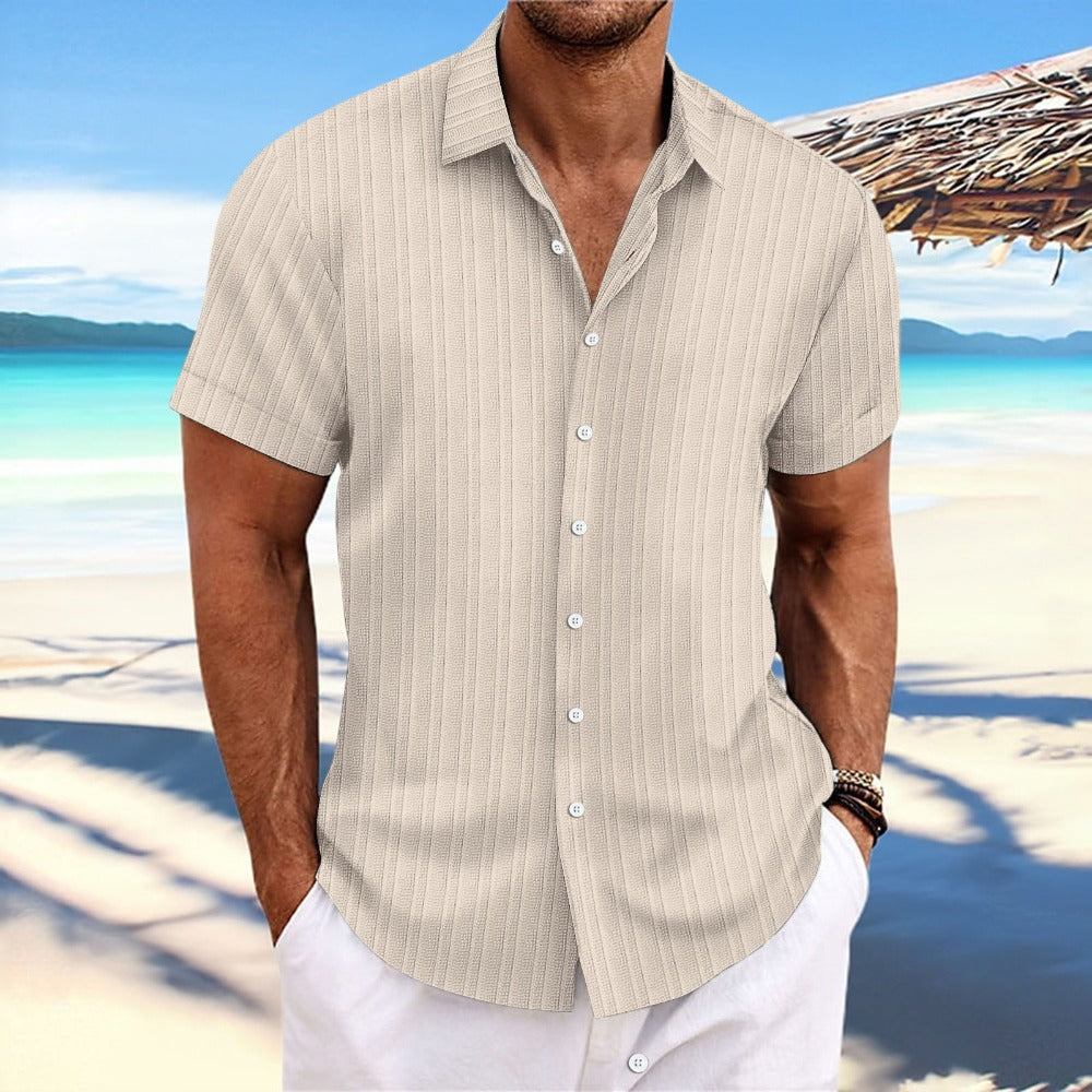 Solid Color Jacquard Wave Stripe Short Sleeve Shirt Men's Daily Casual Open Front
