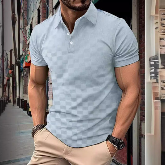 Summer New Ice Silk Plaid Jacquard Turn-Down Collar Short Sleeve Men's Daily Casual Polo Shirt