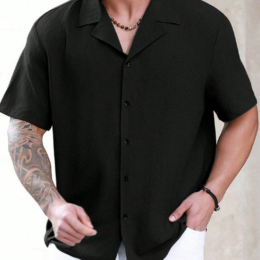 Men's Thin Textured Green Premium Short Sleeve Shirt New Casual Wrinkle Effect Summer Trendy