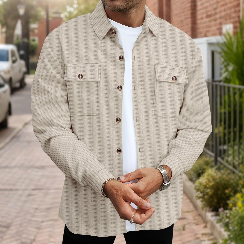 Mens Solid Color Waffle Knit Long Sleeve Button Down Shirt with Dual Pockets