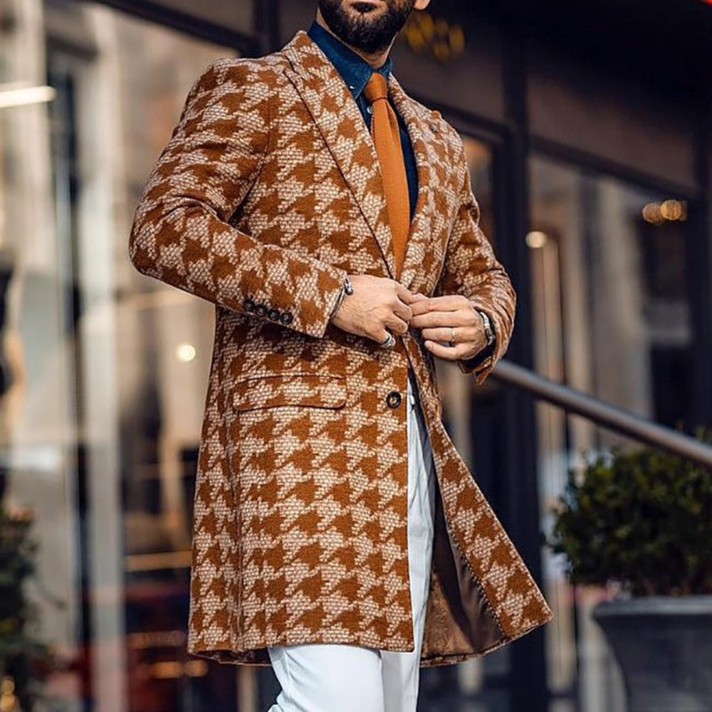 Men’s Printed Wool Blend Overcoat – Mid-Length Double-Breasted Winter Jacket