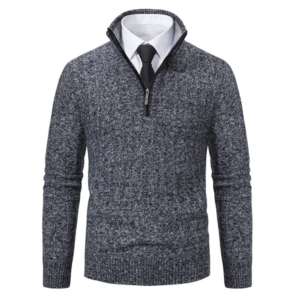 New Men's Half-Zip Pullover Knitted Sweater with Fleece Lining, Thickened Warm Base Layer