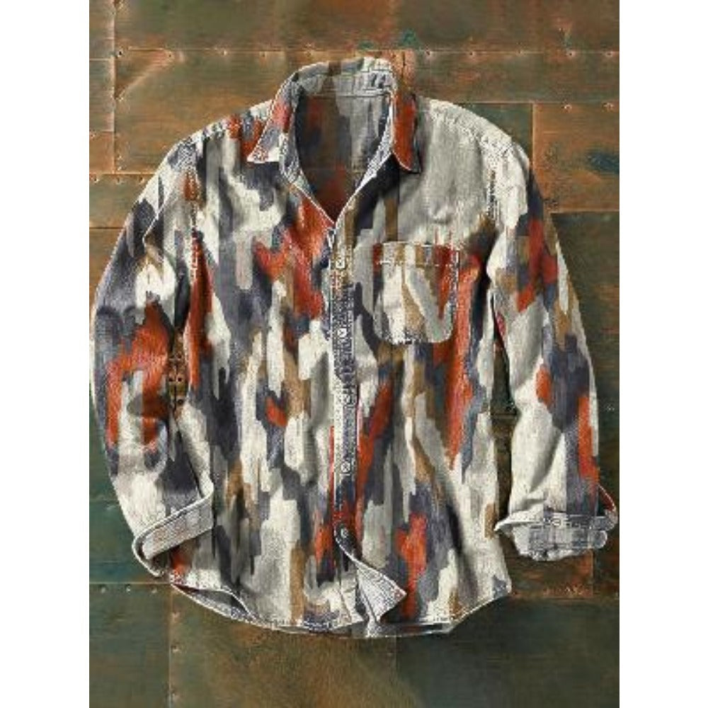 170GSM Retro Color-Block Men's Long Sleeve Button-Up Shirt