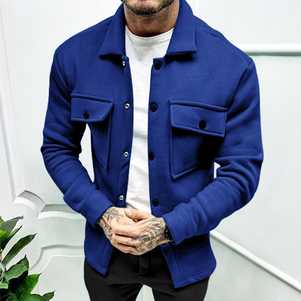 Men’s Fashion Casual Button Pocket Fleece Jacket Long Sleeve Solid Color Outerwear