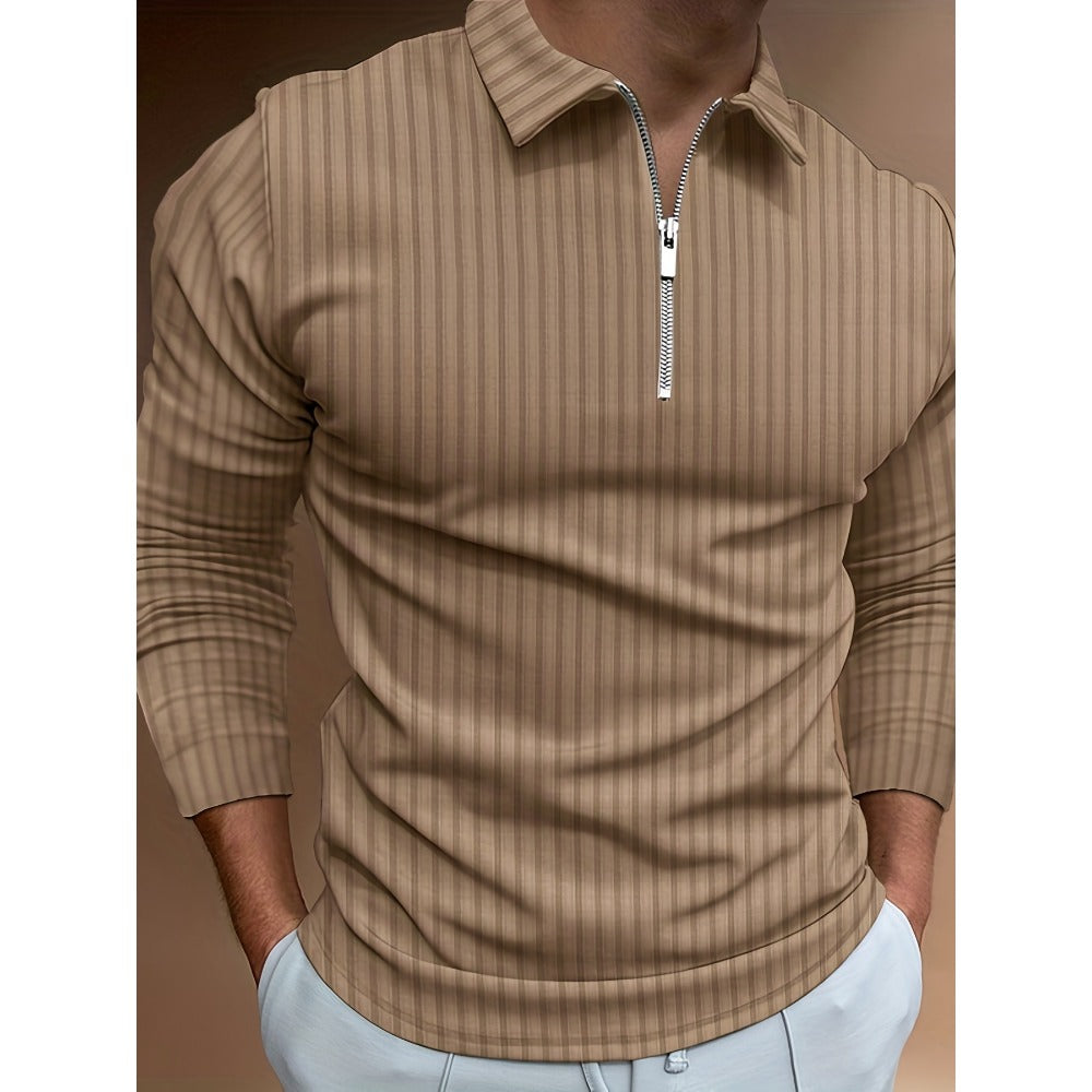 Autumn New 3D Print Stripe Men's Casual Long Sleeve Zipper Polo Shirt