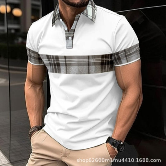 New Cross-Border Summer New Men's Short Sleeve Polo Shirt High-End Print Color-Block Turn-Down Collar Polo Shirt