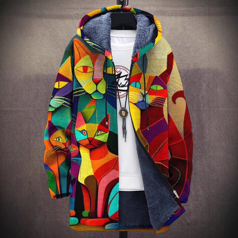 New Cat-Themed Fleece-Lined Zip-Up Hooded Jacket