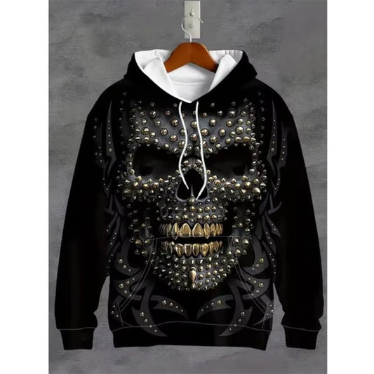 Vintage Men's Sweatshirt 3D Digital Print Skull Design Casual Hoodie