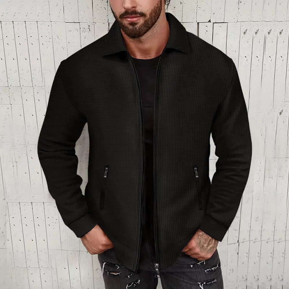 Men’s Waffle Knit Zip-Up Jacket – Casual Streetwear Lightweight Outerwear