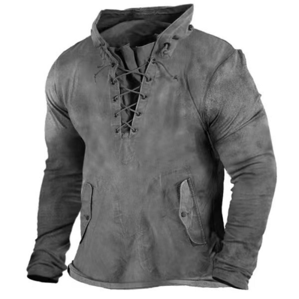 Men's Retro Tie-Front Hooded T-Shirt Loose Solid Color Outdoor Casual Top