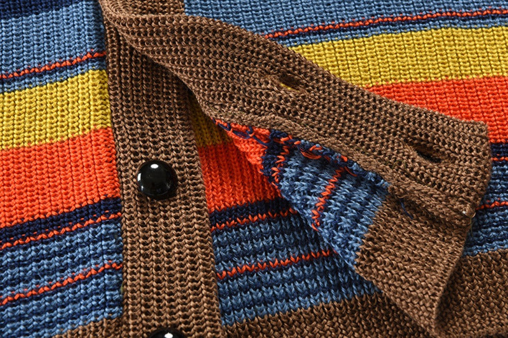 Men’s Knitted Cardigan with Lapel Contrast Color Thickened Winter Sweater