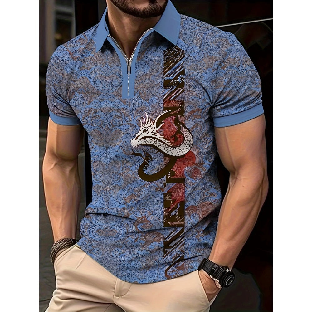 Men's Summer Hot Seller Dragon Pattern 3D Print Gradient Casual Business Zipper Short Sleeve Golf Polo Shirt