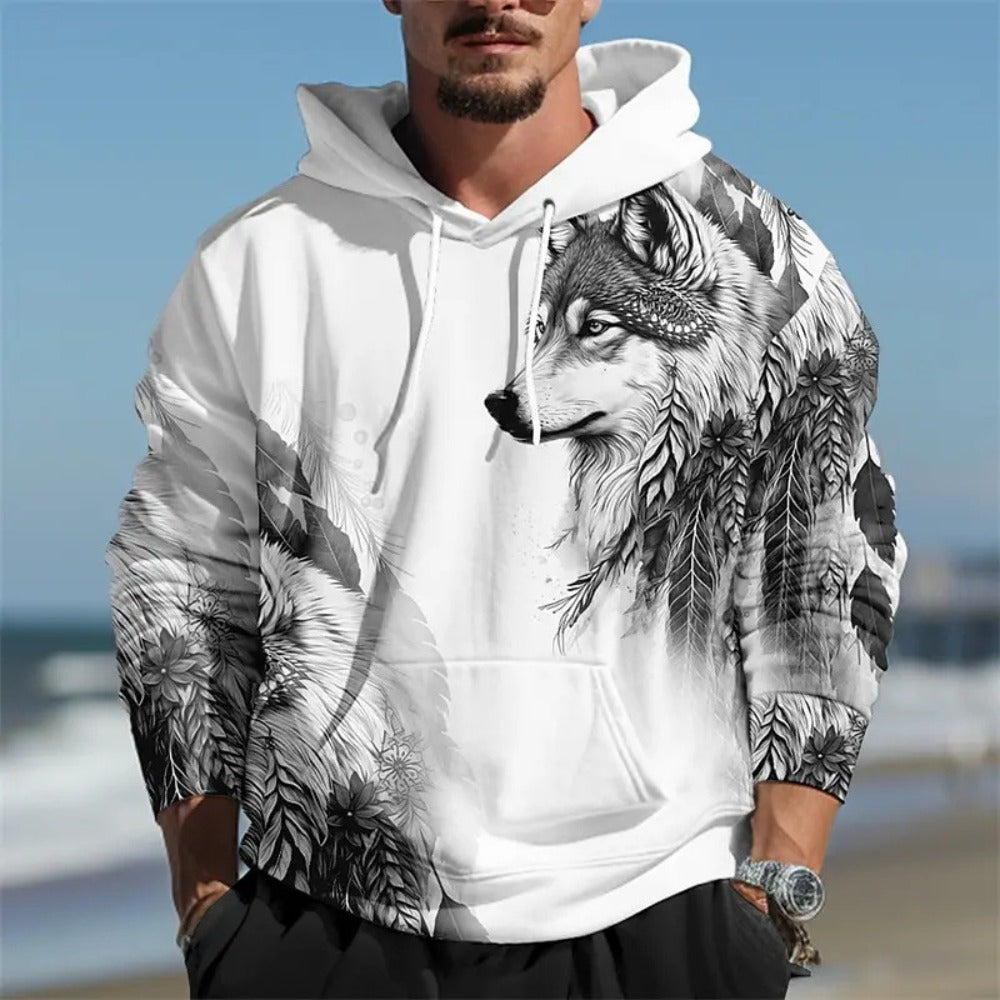 New Men's Animal Print Hoodie Loose Fit Pullover